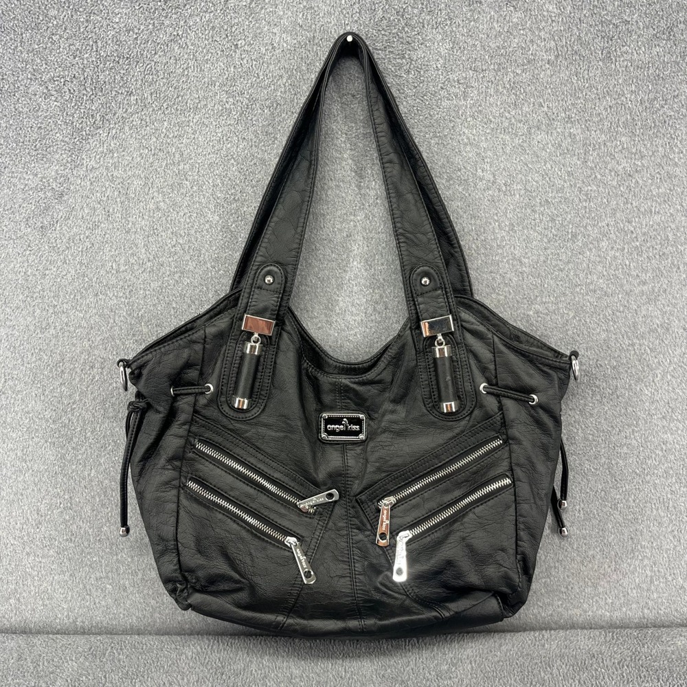 Angel Kiss Shoulder Y2K Bag Black Faux Leather Multi-Zip Moto Hobo Bag